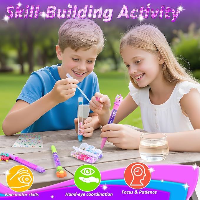 MOMUSE DIY Pen Making Kit for Kids Girls 6-12, Pen Creator Studio Craft Kit | Make 4 Sparkly Pens with Butterfly Stickers Sequins Beads, Girl Birthday Gifts