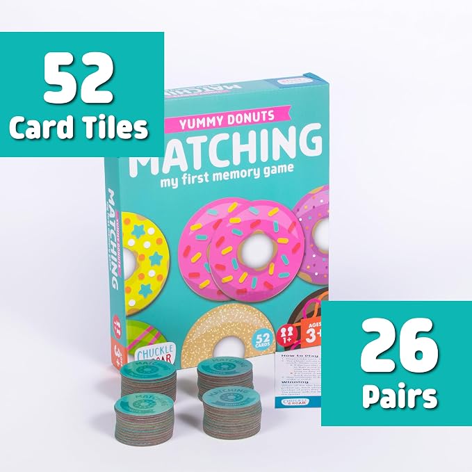 Chuckle & Roar Memory Game, Donuts, Matching Game, 52 Tiles, Ages 3+ | Sturdy Cardboard Tiles, More Matching Pairs, Solo or Up to 4 Players, Compact for Travel, Fun Food Theme, Preschool Games