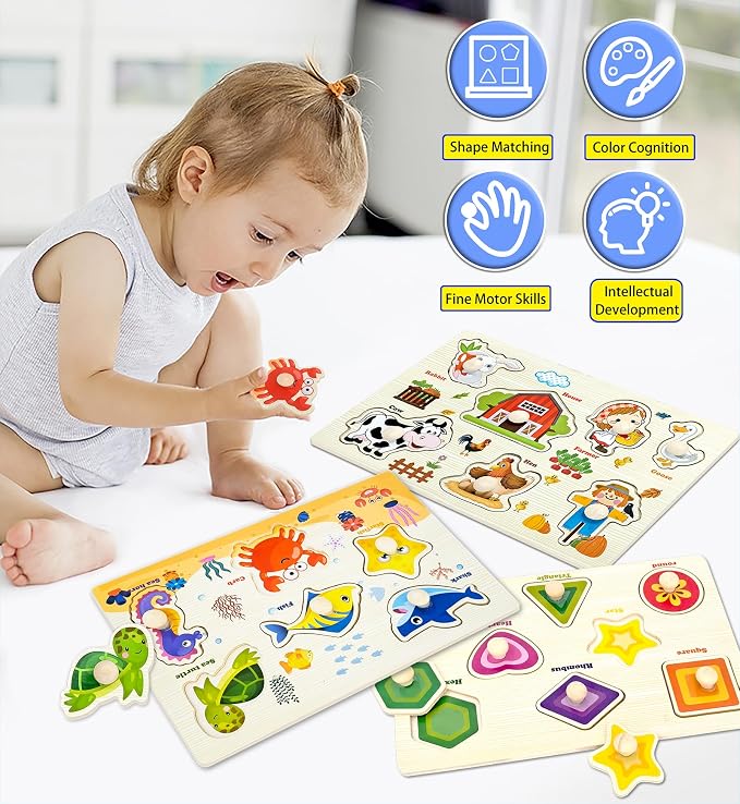 Wooden Peg Puzzles for Toddlers,Montessori Toddler Jigsaw for Child,Fine Motor Skill Learning Puzzle Toys for Baby Boys Girls Gifts-3 Pcs Shape,Farm,Sea Animal