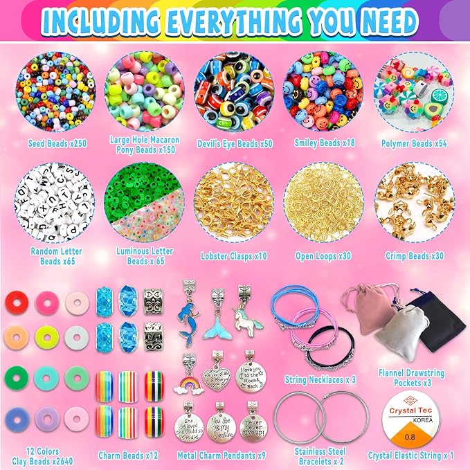 leitait Girls Toys Bracelet Making Kit -3400pcs Charm Jewelry Making Kit Supplies,Unicorn/Mermaid Crafts Birthday Christmas Gifts for Girls Ages 5 6 7 8 9 10 11 12 Years Old