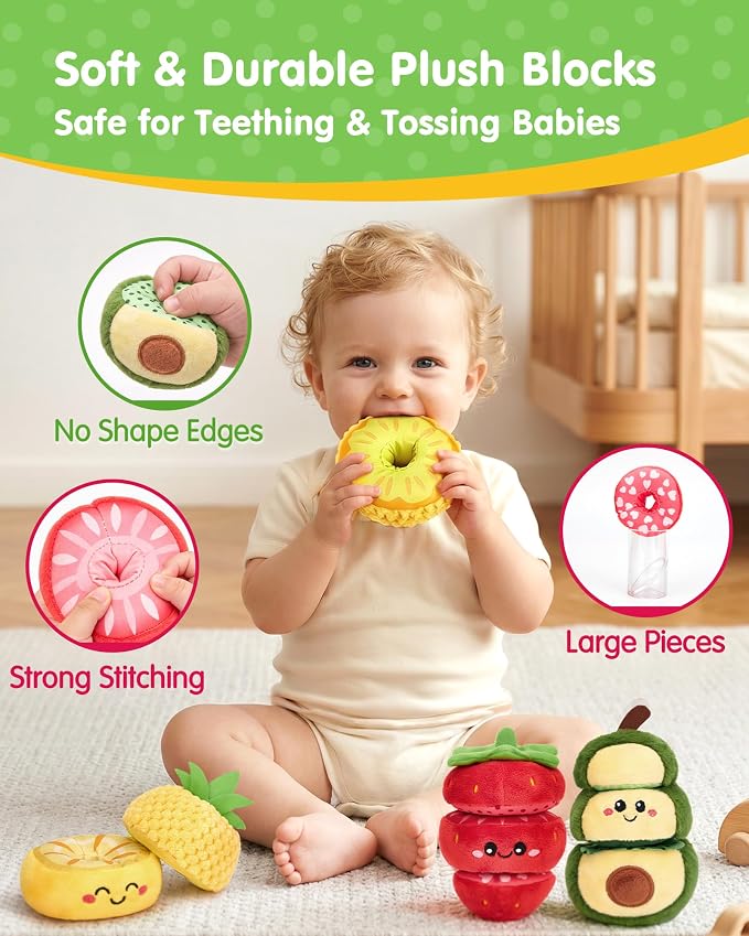 hahaland Montessori Toys for 1 Year Old Girl Boy, Stacking Rings Baby Toy | Soft Sorting & Stacking Toy Fruits with Wooden Stacker, Threading Set for Toddlers 1-3 Developmental 1st Birthday Girl Gifts