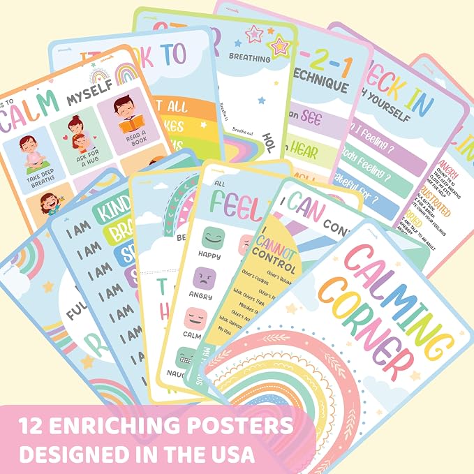 Jackinthebox 12 Calming Corner Posters and charts for Kids Classroom Decor | Trendy Arts Kit, 5th Grade, Middle Teen Girls, Journal Gifts, STEM Learning, Educational Wall Display Set, Ages 10-14, Modern