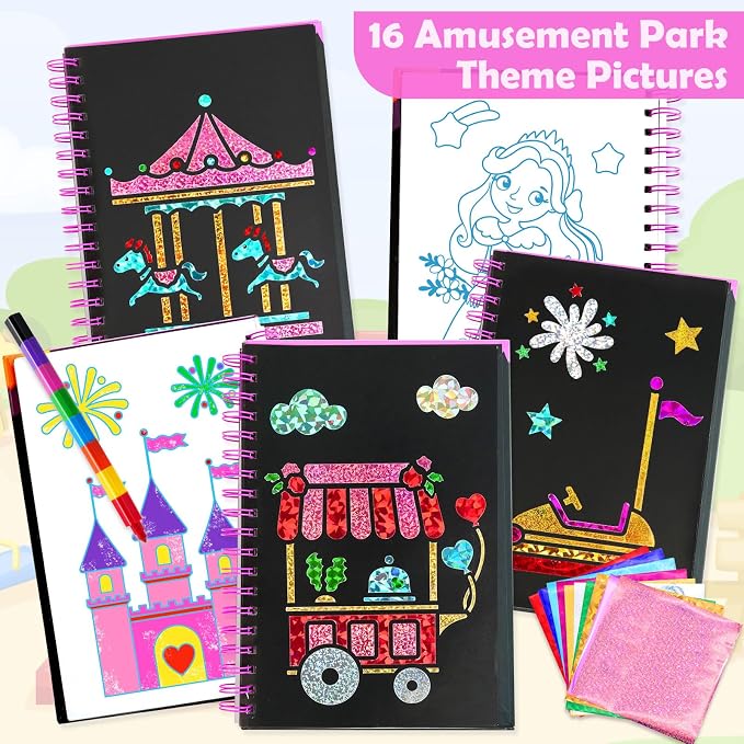 FUNNYB&G Foil Art Craft Kit for Kids, Sparkly Birthday Gift Toy for Girls | No Mess, Kids Ages 4-10 Create Sparkling Artwork, A Creative Gift for Birthdays, Holidays, Travel Activities,Screen-Free Fun