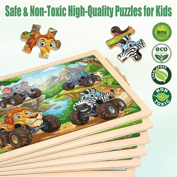 Puzzles for Kids Ages 3-5, 6 Pack Monster Truck Wooden Puzzles 24 Piece | Educational Toddler Toys, Birthday Gifts for Boys Girls