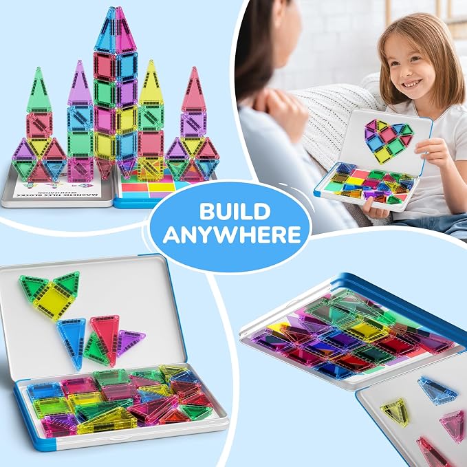 42PCS Mini Magnetic Tiles Travel Set with Iron Storage Box - Portable STEM Building Blocks for Kids 3-8, Montessori Educational Magnet Toys for Airplane, Car Rides & On-The-Go Play | Portable Montessori educational magnetic building tiles for airplane,...