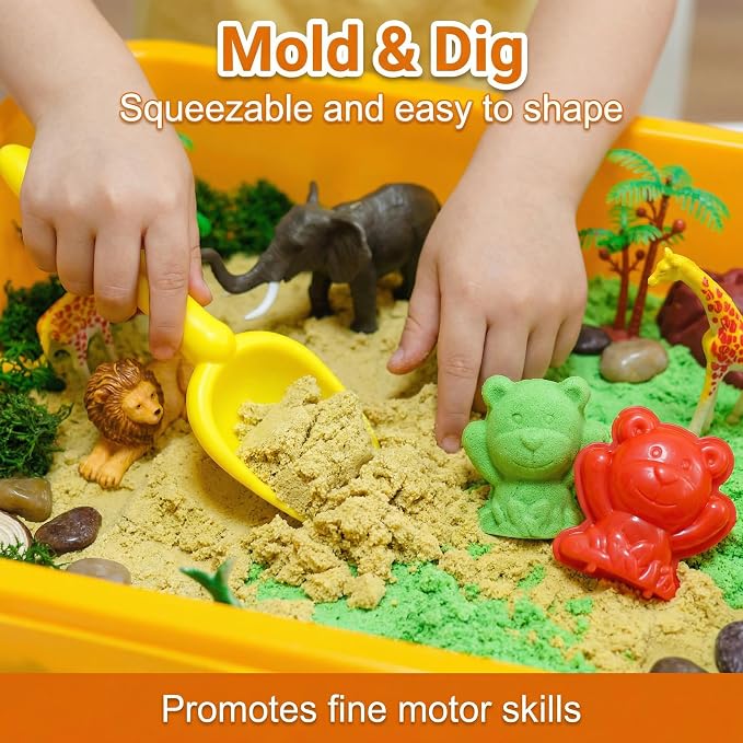 Carolart Jungle Sensory Bin, Animal Sandbox & Sensory Sand Kit | Safari animal habitat play set with wild animal toys, gift for boys and girls ages 3-8, sensory play activity