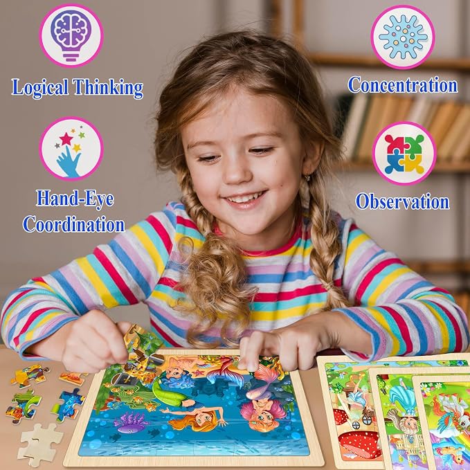 Wooden Puzzles for Kids Ages 4-6, 4 Pack 24 Pcs Toddler Puzzles Set for Ages 3-5, Educational Learning Toys Gift for Boys Girls 3 4 5 6 Year Old, Unicorn Mermaid Princess Elf Worlds
