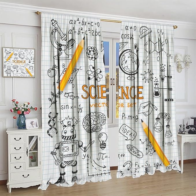 Science Symbols Kids Curtain Sketches Cartoon Chemistry Physics Geometry Education Pattern Print Window Drapes for Bedroom Living Room Kitchen Decor,2 Panel Set,63x63 Inch Blackout