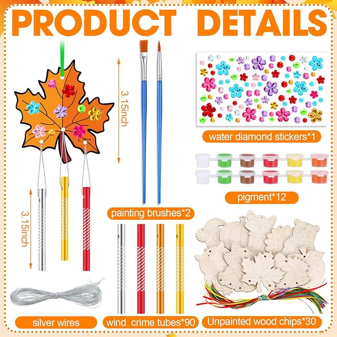 JellyArch 30 Pack Wind Chime Craft Kit, Wooden DIY Fall Animal Painting | 10 Designs Owl Fox Pumpkin Leaf Apple, Bulk Party Favors for Kids Adults, Includes Stickers Wood Sticks for Thanksgiving