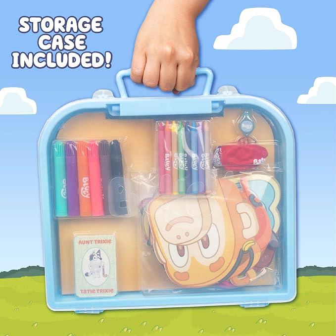 Bluey Imagination Case, 15 Games & Activities, Travel-Friendly Playset With Markers, Crayons, Balloons, Puppets & Games for 3 Year Olds, Fun Bluey Toys & Toddler Games, Party Decorations
