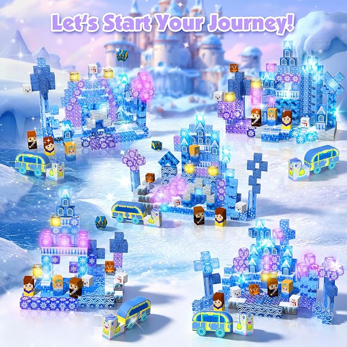 200 PCS Light Up Magnetic Blocks, Transparent Magnetic Building Block for Blue Snow Princess Castle, Frozen Magnet Cubes STEM Toys for Girls Age 3 4 5 6 7 8 9 10 11 12 13 Birthdays Gift for Kids