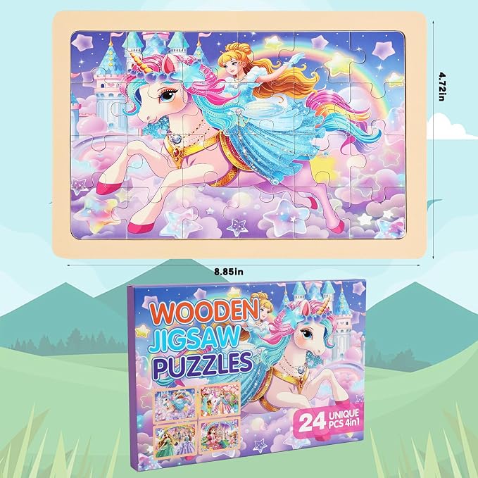 Wooden Puzzles Toys for Kids Ages 3-5, Set of 4 Packs with 24-Piece Unicorn Mermaid Princess Wood Jigsaw Puzzles, Preschool Educational Brain Teaser Toys for Girls 3 4 5 6 Years Old.