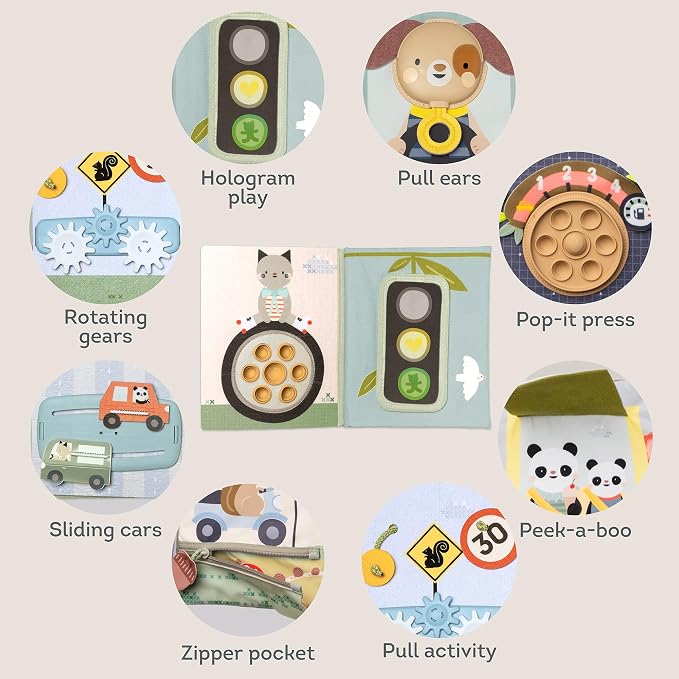 Taf Toys Busy Book for Toddlers 1-3 Textures, Crinkle Fabrics & Movable Cars - Montessori Busy Board - Activity Book Learning Quiet Activity Books Gifts Toddler Travel Toys for One Year Old