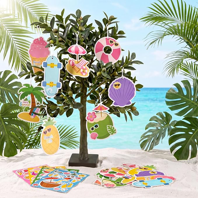 96 Pcs Summer Bookmark Craft Kits DIY Make Your Own Bookmark with Tropical Fruits Ice Cream Coconut Beach Stickers for Kids Classroom Activities Reading Rewards Birthday Camp Party Favors
