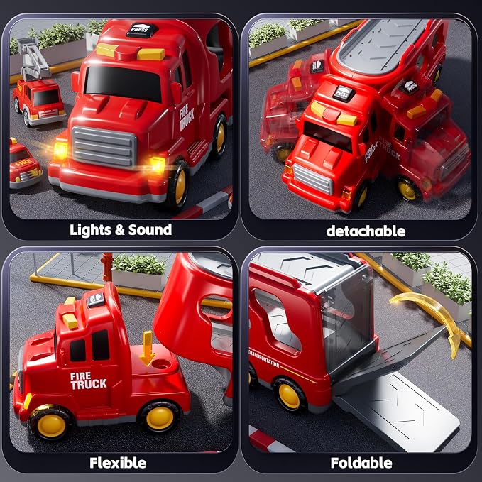 Fire Truck Toys for Toddler 3-5, Transport Car with Light Sound | 7-in-1 Fire Car Carrier Vehicle Set for Girls 3 4 5 6 Years Old, Birthdays Gifts for Kids Girls Aged 3-9