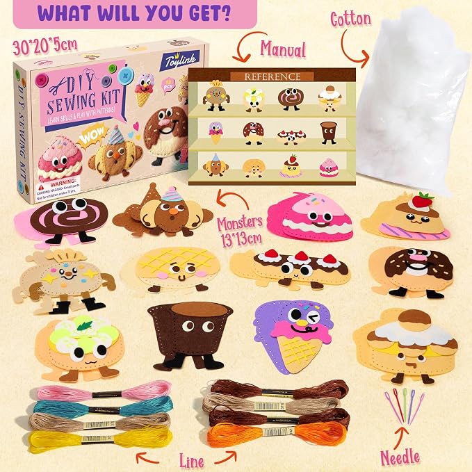 Toylink DIY Sewing Kit for Kids Ages 4-12, 12 Dessert Felt Craft Kit with Pre-Punched Holes, Blunt Plastic Needles, Cotton Stuffing - First Sewing Kit STEM Learning Toys for Girls Boys Birthday Gift