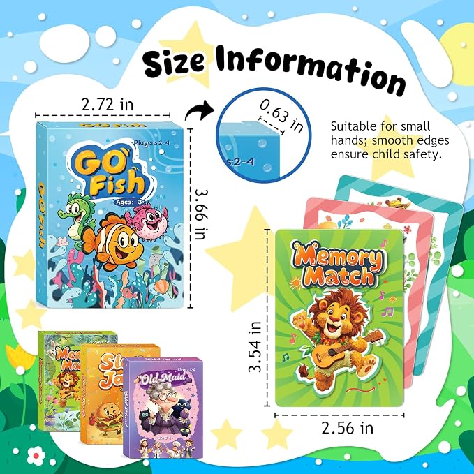 Card Games for Kids: Go Fish, Old Maid, Slap Jack, and Memory Match — 4 Decks in 1 Pack. Classic Kids Card Games for Family Game Night, Perfect for Toddlers, Kids