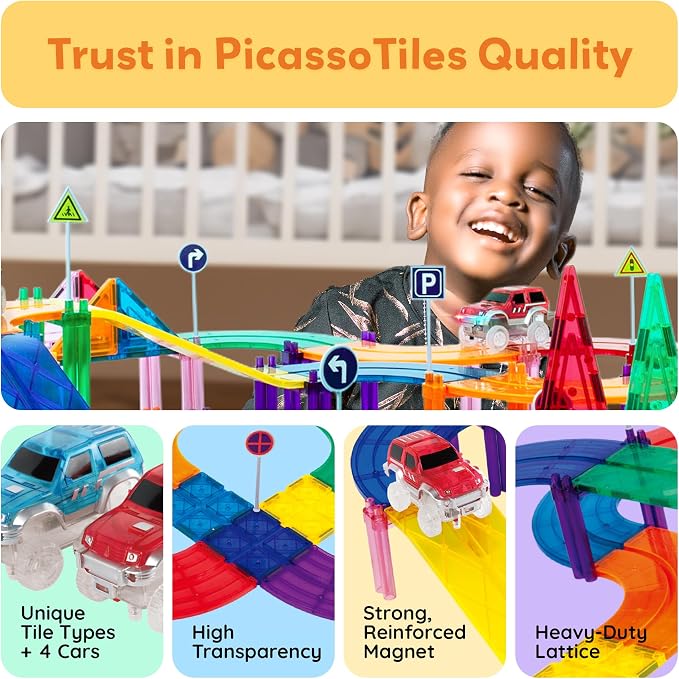 PicassoTiles 150 Piece Race Car Track, Magnetic Building Set with 4 Cars 3+ | BPA-free plastic, screen-free STEM fun, sharpens hand-eye motor skills, expands into full-size collections, smooth safe edges