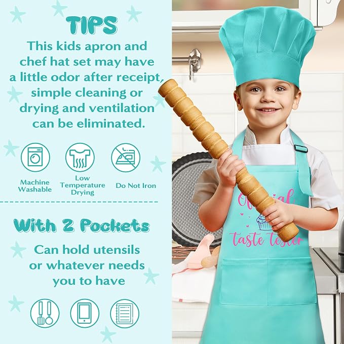 R HORSE Kid Apron and Chef Hat Set 2Pcs Adjustable Green Cooking Children Kitchen Apron, Dress up Role Play Chef Toy Funny Cooking Baking Painting and Training Kit for Kids Birthday Party Gift