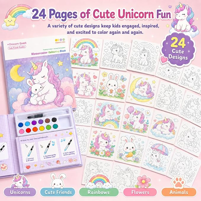 gesboole Paint with Water Coloring Books for Girls Ages 3-8, Unicorn Watercolor Painting Set for Kids Ages 3-5 4-8, Mess Free Arts and Crafts Activity Book, Birthday Gifts Travel Toys for Girls Boys