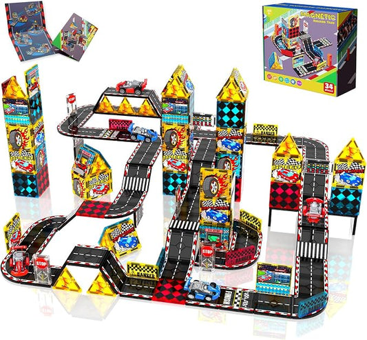 Magnetic Tiles Road Set, Rail Race Track with 2 Racer Cars, Magnetic Car Racing for Kids Ages 3 4 5 6 7 8, Magnet Building Blocks STEM Toy Birthday Gifts for 3＋ Years Old Boys Girls