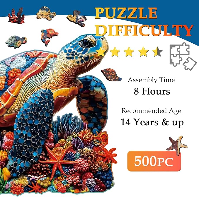 Wooden Puzzles for Adults, 500 Piece Coral Sea Turtle Jigsaw Puzzles for Adults, Unique Animal Shaped Wood Cut Puzzles, Fun Challenging Turtle Puzzles Gift for Family Game Night Wall Decor 16.5*17in