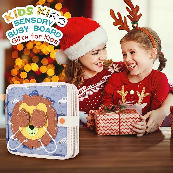 Montessori Busy Board for Toddlers, Soft Activity Book for Fine Motor Skills, Counting, Cognition, Sorting Matching, Travel Toys for Airplane Car, Gift for Girl Boy 2-4 Years Old (Lion)