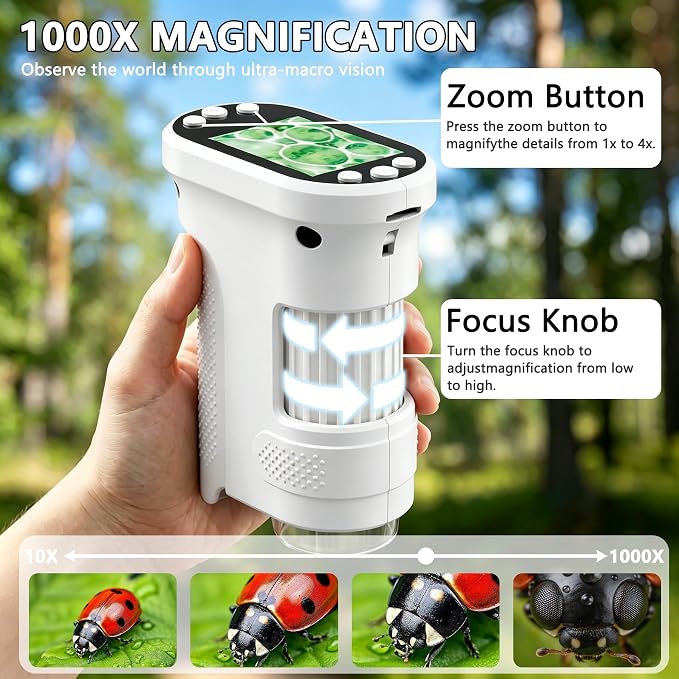 Kids Digital Microscope, 1000X Handheld Pocket Microscope STEM Science Toy | 2.0" IPS Screen, 8 LED Lights, Photo & Video Capture, Rechargeable Design, Educational STEM Gift for Kids Ages 3-12