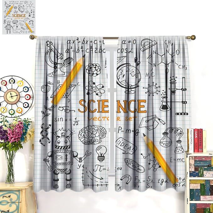 Science Symbols Kids Curtain Sketches Cartoon Chemistry Physics Geometry Education Pattern Print Window Drapes for Bedroom Living Room Kitchen Decor,2 Panel Set,72x63 Inch Blackout