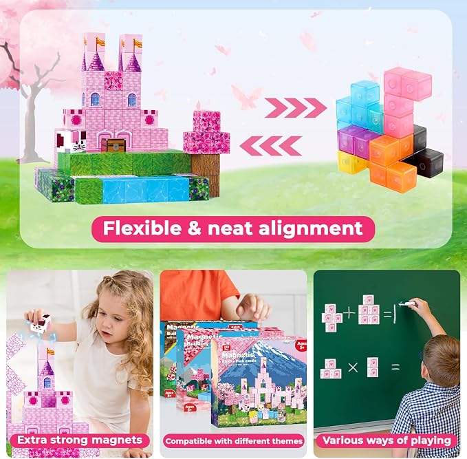Magnetic Blocks - 100PCS Pink Princess Castle Magnetic Building Blocks, 3D Magnet Cubes for Girls, STEM Construction Toy for Kids Ages 3-12, Princess Toys for Kids Birthday Gifts