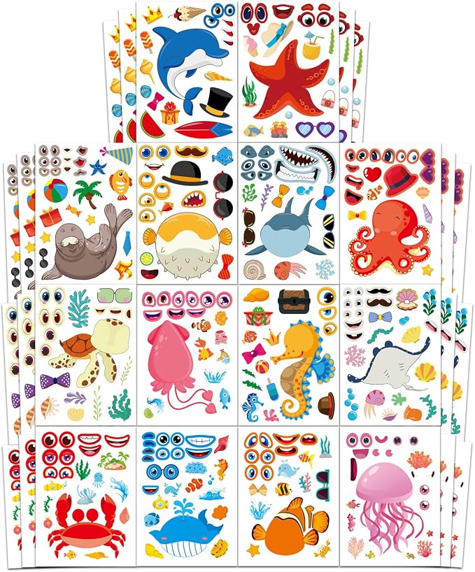 42 Ocean Animal Make-a-Face Sticker Sheets for Kids | Sea Creature Mix ’n Match Crafts for Party Favors & Classroom Activities