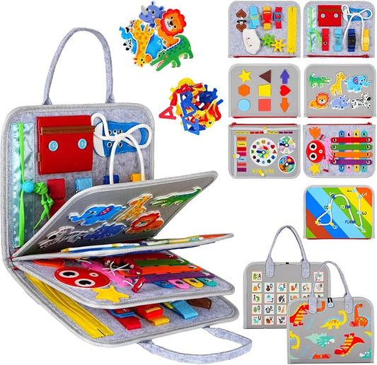 Montessori Busy Board for Toddlers – Sensory Busy Book with Buckles, Zippers, Letters, Animals, Toddler Activities – Fine Motor Skills Development Learning for Boys Girls Travel Activity