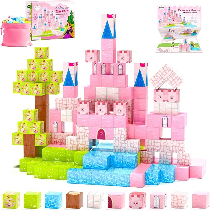 Hiwawind Updated Princess Magnetic Blocks for Girls, Princess Castle Magnetic Building Toys, STEM Montessori Sensory Toys for Toddlers 3-4 5-6 7-8, Creative Birthday Gifts for 3+ Year Old Girl