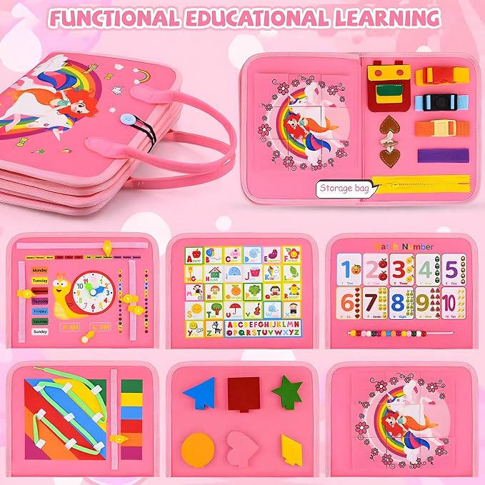 Montessori Busy Board Sensory Toddler Activity Book (Pink) | Toddla Learning Quiet Book for Girls & Boys Ages 1-3, Ideal Birthday & Christmas Gift for 1+ Year Old