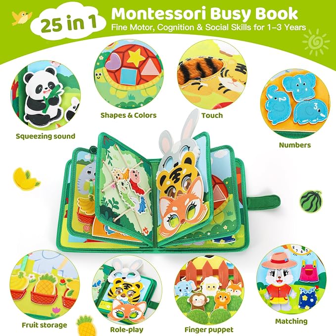 25 in 1 Busy Book for Toddlers 1-3 - Zoo Montessori Toy Toddlers Busy Board for 1 Year Old, Educational Sensory Quiet Toy, Airplane Car Travel Essentials Birthday Gift for 2-4 Yr 18 month old Boy Girl