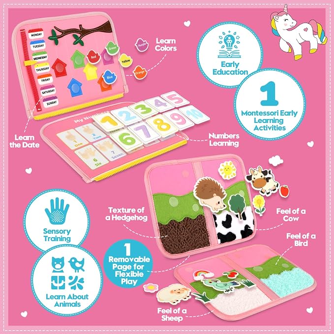 Toddler Sensory Busy Board: Travel Toy Activity Book for Girls Boys, Motor Skill Development Gift for Baby Aged 3-4 Years, Fine Educational Preschool Montessori Learning Toy for Car Airplane Unicorn