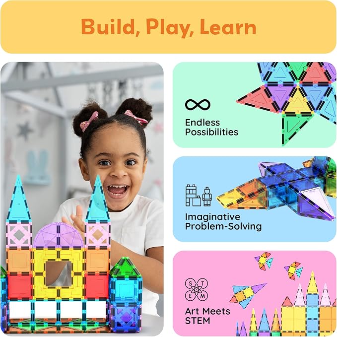 PicassoTiles 152 Piece Magnetic Tiles, Mirror Theme STEM Building Ages 3+ | Reflective finish pieces, connects from any angle, includes bonus car, compact storage case, screen-free sensory play
