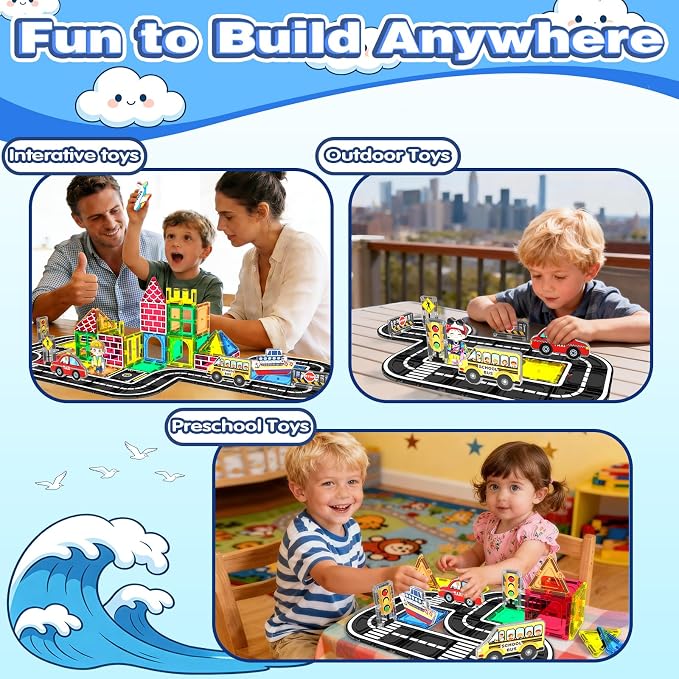 Magnetic Tiles Road Set 100Pcs- Magnetic Building Blocks for Kids Ages 3-5 and 4-8, Preschool STEM Sensory Toys for Kids 3-5, Educational Construction Gift for Boys & Girls Birthday Christmas