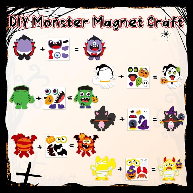 Haooryx DIY Halloween Monster Magnet Craft Make Your Own Halloween Sticker | 30 Set Halloween Characters Decor Stickers Craft, Kids School Activity Art Project Refrigerator Bulletin Board Decor Supplies
