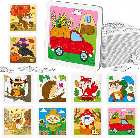 Cinrobiye 24 Set Fall Coloring Jigsaw Craft Kit for Kids, DIY Autumn Activity Set Bulk with Pumpkin Leaf Turkey Owl Designs, Thanksgiving Party Favors, Classroom Art Projects