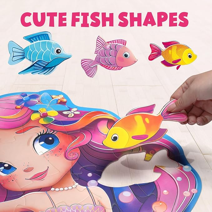 BenBen Floor Puzzle for Kids Ages 3-8, Mermaid Shaped Large Piece Puzzles | 52 Pieces Extra-Thick Jumbo Jigsaw Puzzle for Toddlers Ages 4-6, Preschool Educational Toys with Storage Box for Girls Boys