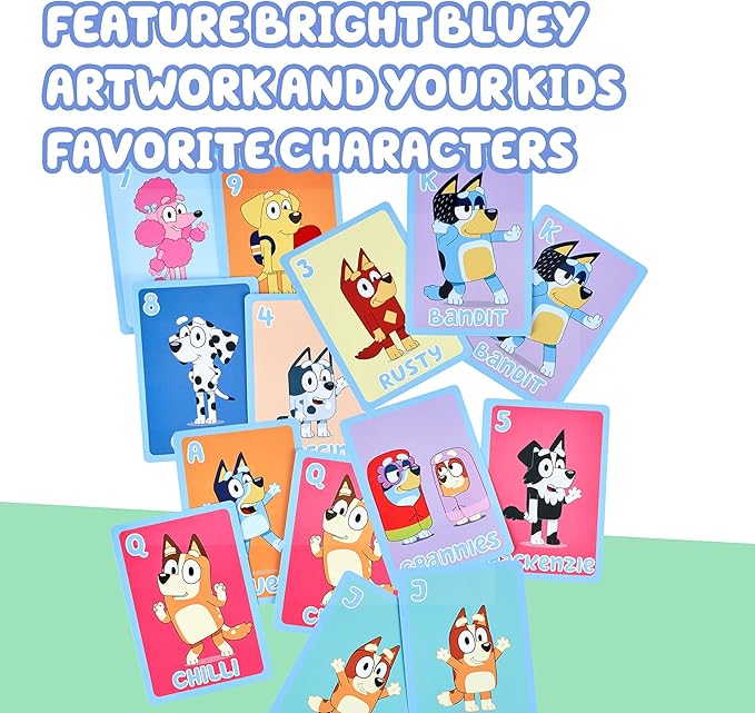 Bluey 5-in-1 Card Game Set, Jumbo-Sized 53-Deck Toddler Game, Multi-Color Interactive Play Card Games for Kids of Ages 3+ | Play Snap, Battle, Go Fish, Old Maid & Memory; jumbo-sized family card game for kids ages 3+