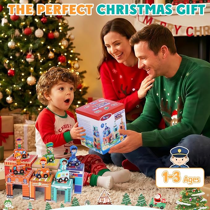 Montessori Sorting and Stacking Community Helpers Toys for Toddlers 1-3 | Number Blocks Nesting Boxes, Magnetic Wooden Car Preschool Toy, 1st First Birthday Gifts for 1-2 Years Boys Girls