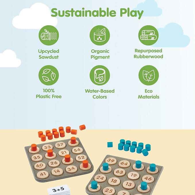 PlanToys® Wooden Math Bingo Game Montessori Number Kids Classroom Play | numbers, tiles, math games, wooden cards, girls, boys, counting, logical thinking learning gift preschool family new set