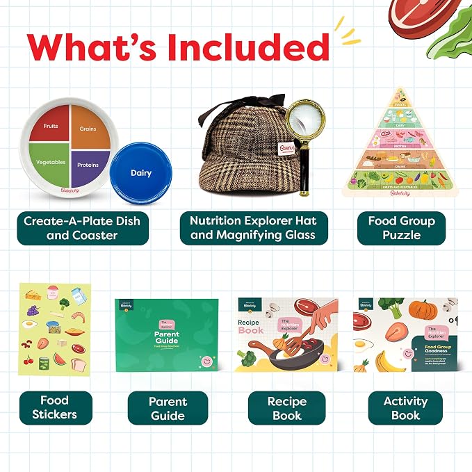 Baketivity Nutrition Explorer Kit STEM Learning Birthday Gifts for Kids | Includes Recipes, Activity Booklet, Detective Costume, Food Stickers, Puzzle, and Parent Guide for Family Learning