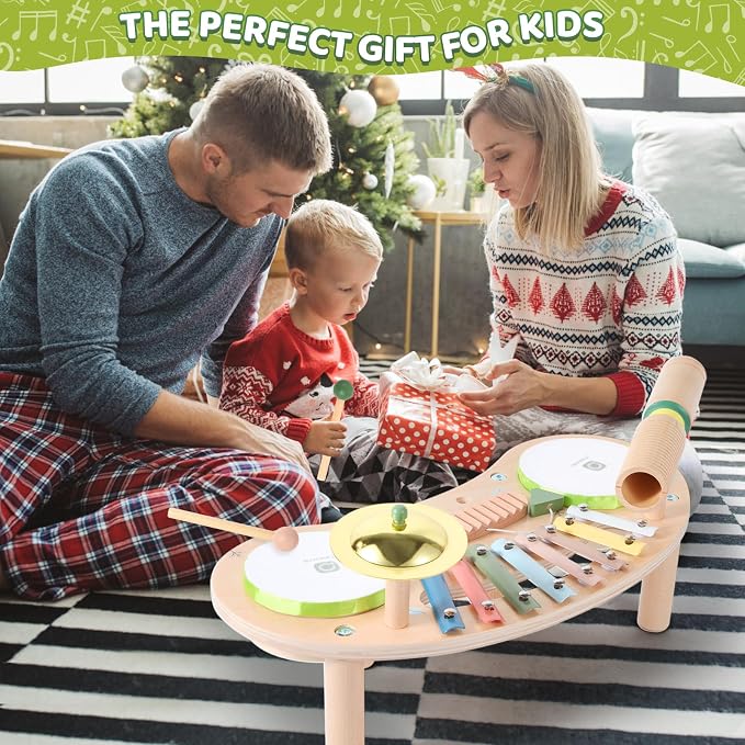 Asweets 7 in 1 Kids Drum Set for Toddlers | Wooden Xylophone Musical Instruments Kit for Toddler, Baby Drum Set Montessori Toys Sensory Toys Birthday Gifts (Moon)