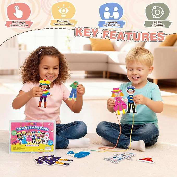 18PCS Dress Up Lacing Card | Girl Montessori Toys Sewing Kits for Kids | Fine Motor Skills Toy for Preschool, Learning Activities Kindergarten Toys,Classroom Supplies