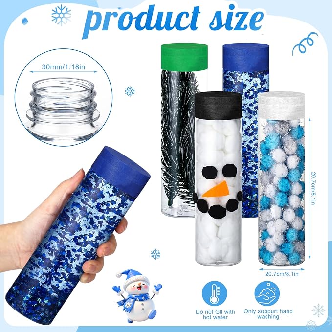 12 Pcs Weather Sensory Bottle Kits 13.5oz Plastic Calm Down Bottle with Lids Glitter Sequin Filler Acrylic Ice Cubes Snowy DIY Calm Down Jar Kit for Froze Party Favors Relieving Anxiety