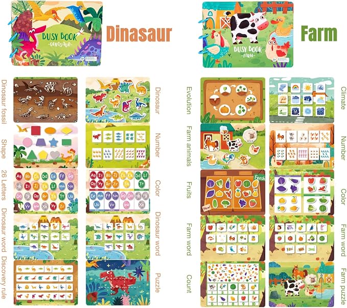 4 Pack DIY Montessori Busy Book, Montessori Quiet Book for Kids, Vehicle Life Skill Farm Dinosaur Preschool Learning Activities Learning & Education Toys