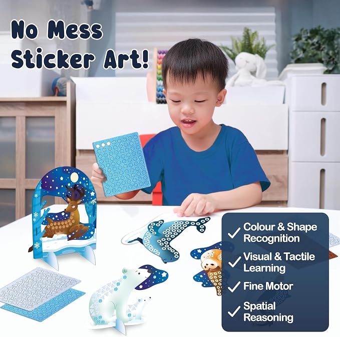 BINCA Foam Sticker Mosaic Art Activity, 750+ 3D Glitter Foam Stickers, 5 Winter Animals with Display Arch, DIY Mess-Free Activities, Gifts for Boys & Girls Ages 5,6,7,8